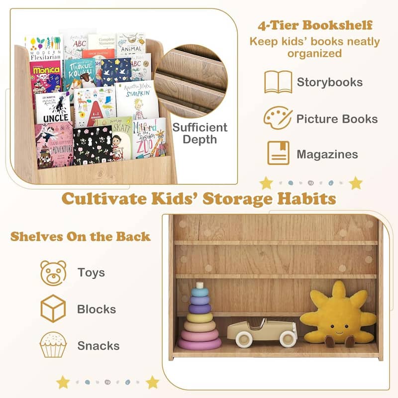 4-Tier Kids Bookshelf Wood Toddler Bookcase w/ Deep Display Shelf