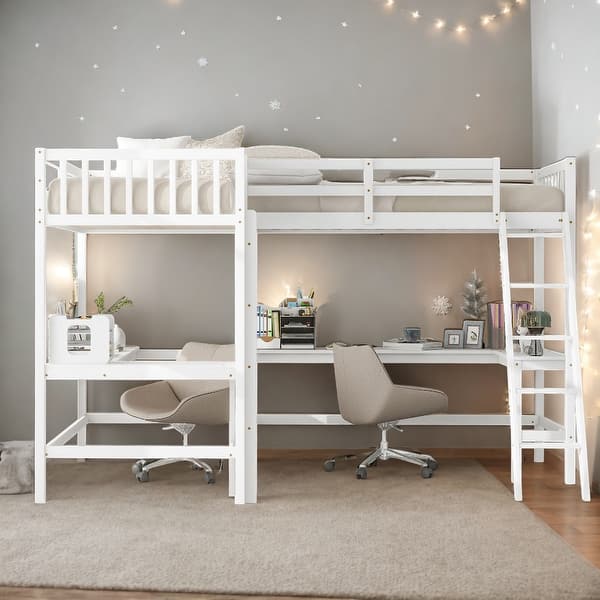 slide 2 of 23, Wood Twin Size L-Shaped Loft Bed with Ladder and 2 Built-in L-Shaped Desks White