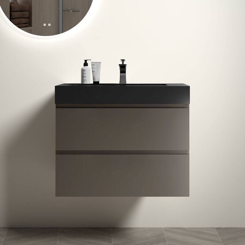 Modern 30" Alice Floating Bathroom Vanity with Rosewood Finish, Handle-Free Design, Silent Soft-Closing Drawers - 29.9in L Melamine - 29.9in L Black+ Gray