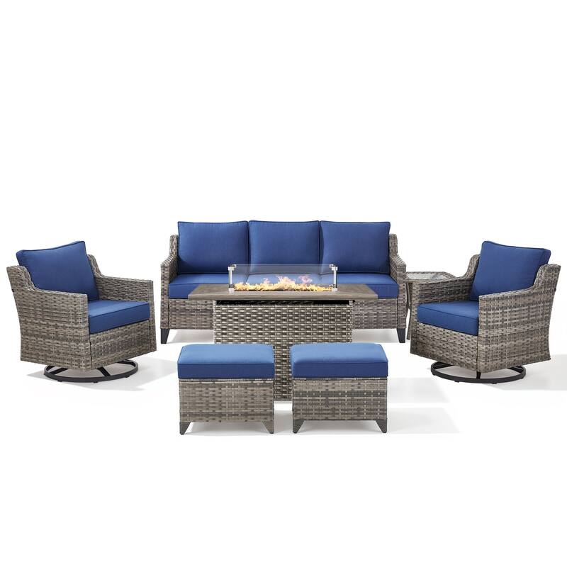 Pocassy Outdoor Swivel Chair with Sofa with Fire Pit Table