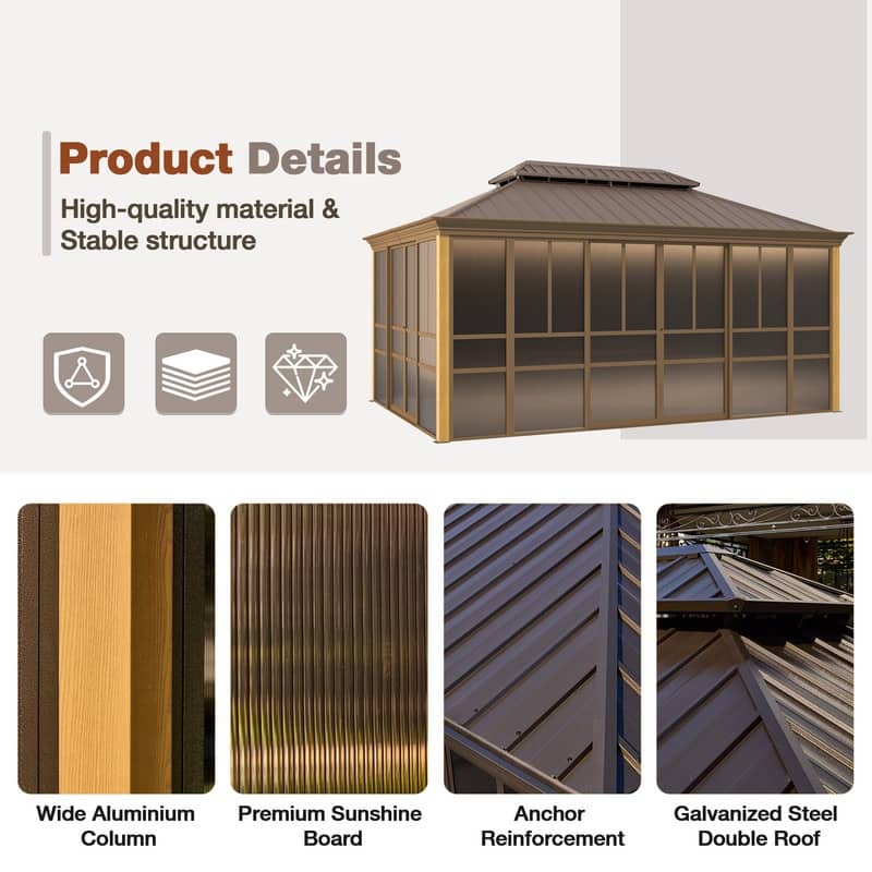 Outdoor Hardtop Sunroom Gazebo with Double Roof & Sliding Doors, All-Season Aluminum Outdoor Pergola, PE Screens&Lockable Design