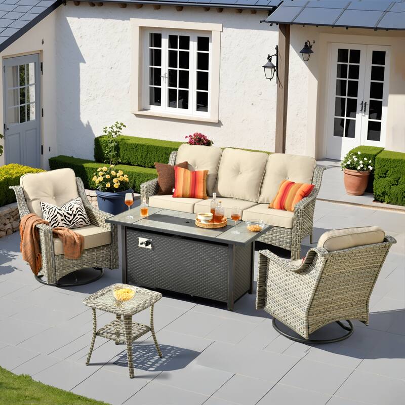 HOOOWOOO 5-piece Rattan Outdoor Patio High Back Swivel Chair Set with 54"Fire Pit - Beige