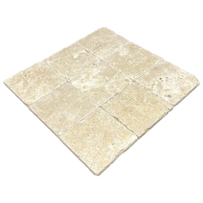 Ivory Travertine 4" x 4" Rustic Tumbled Tile