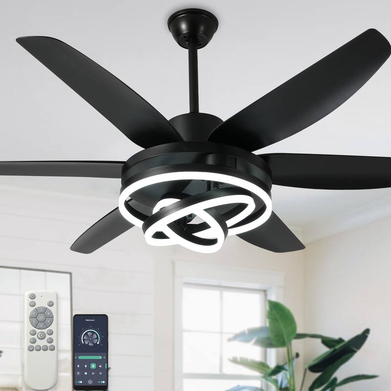 Bella Depot 56" Modern Ceiling Fan with Dimmable LED Light and Remote 6-speed Black Reversible Fan - Black