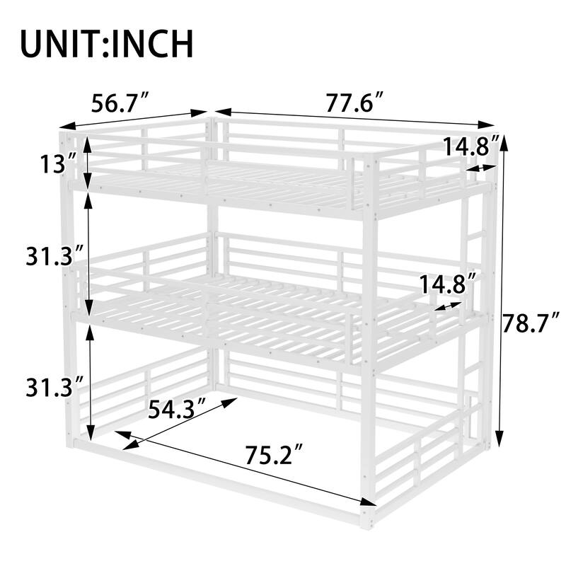 Roomfitters Twin/Full/Queen Metal Triple Bunk Bed with Safety Guardrails, Heavy-Duty Noise-Reduced Frame, White