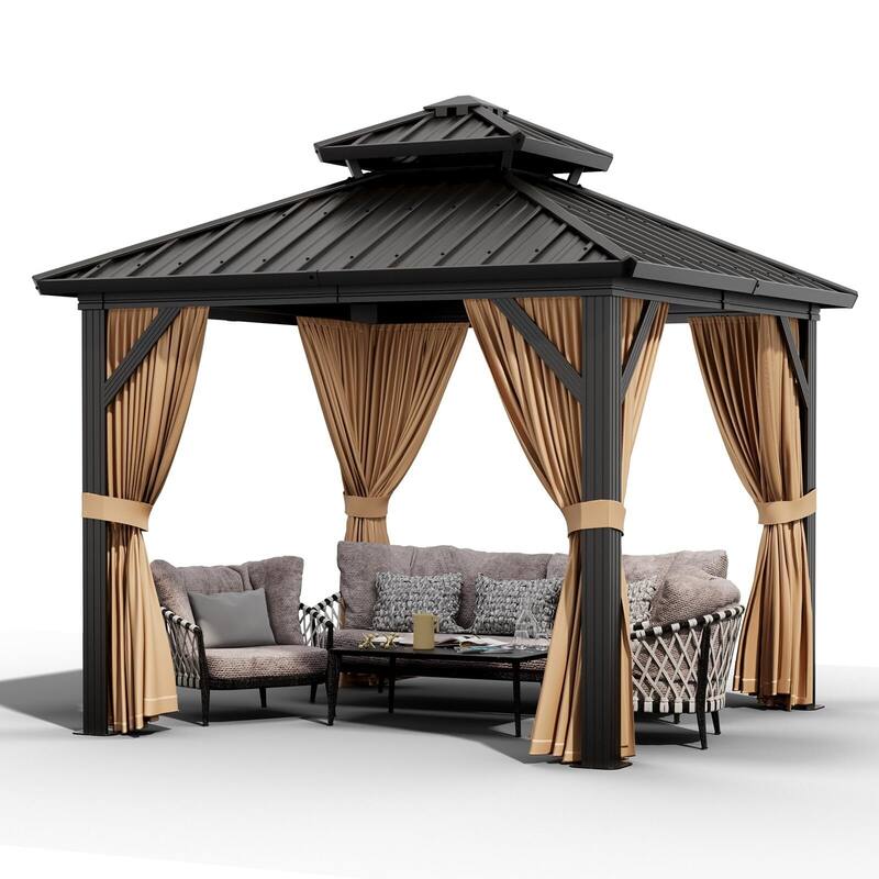 Outdoor Galvanised Steel Hardtop Gazebo, with Netting and Sunshade Curtains