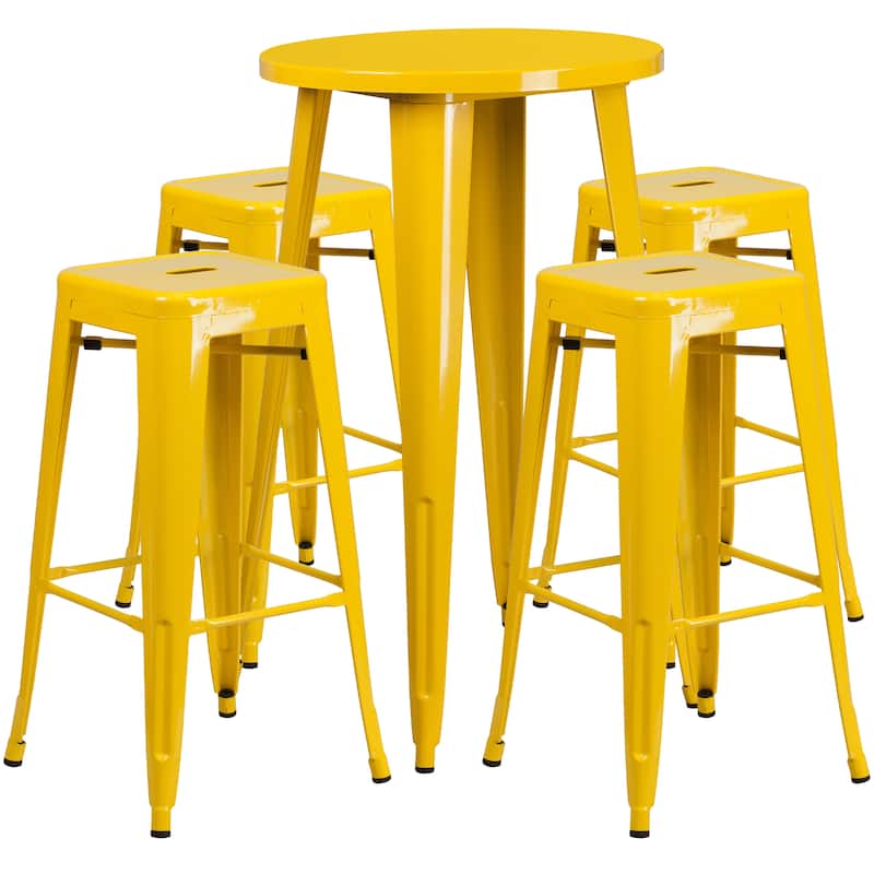 24'' Round Metal Indoor-Outdoor Bar Table Set with 4 Square Seat Backless Stools