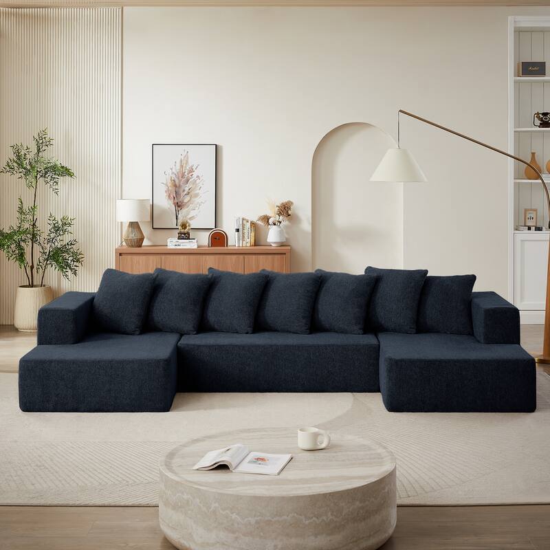 128" Chenille U-Shaped Sectional Sofa with Modular Cloud Design - Blue