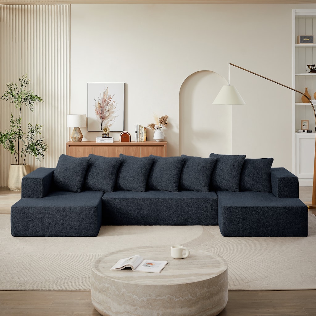 Blue 128" Modular U-Shaped 4-Seater Sectional Sofa Set in Luxurious Chenille Fabric with 2 Chaise Lounges, Plush Cloud Design