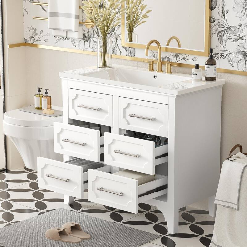 36'' Bathroom Vanity with Resin Sink Combo, Free Standing Solid Wood Frame Bathroom Vanity Cabinet with 4 Storage Drawers
