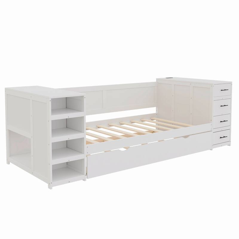 Multi-Functional Twin Size Daybed with Trundle, Side Shelves, Drawers & Built-in Charging Station