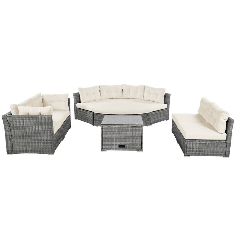 Roomfitters Outdoor Rattan Sectional Daybed Furniture Set with Cushions & Center Table for Patio
