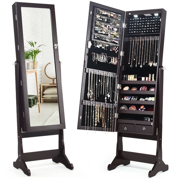 Costway Mirrored Jewelry Cabinet Organizer Storage Stand w LED
