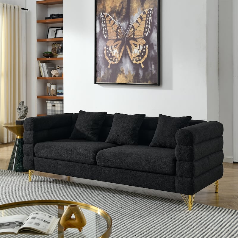 Roomfitters 81" 3 Seater Sectional Sofa, Modern Boucle Upholstered Couch with Gold Legs and 3 Pillows for Living Room - Black