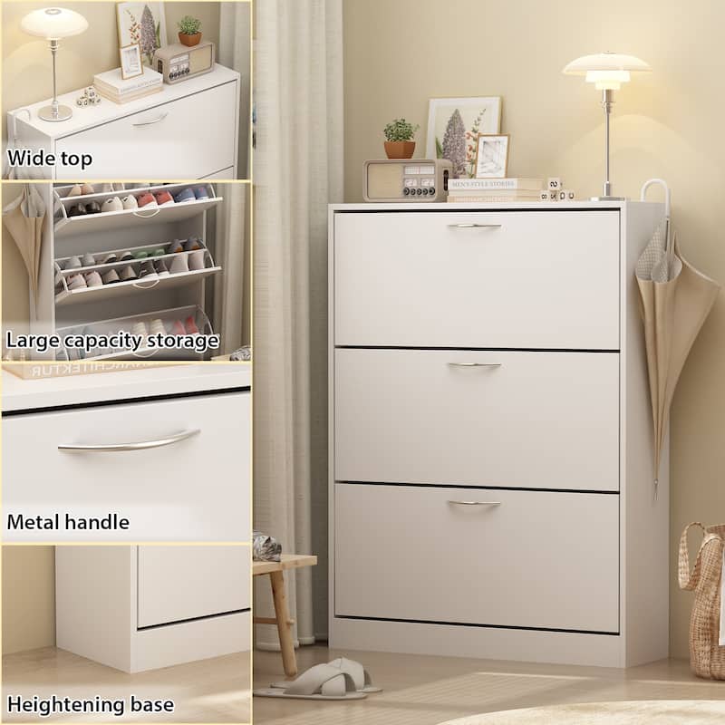 Home Modern 3 Drawer Shoe Cabinet 3-Tier Shoe Rack Storage Organizer - White