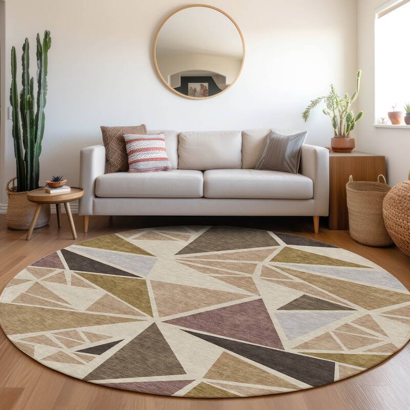 Machine Washable Indoor/ Outdoor Abstract Mosaic Chantille Rug - Beige - 8' x 8'