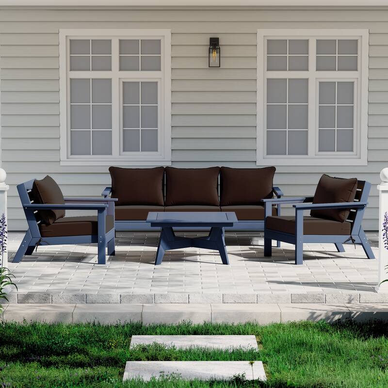 Birchwood All Weather HDPE Outdoor Patio Navy Blue Deep Seating Conversation Set (6-Piece Set) - Navy Blue/Brown