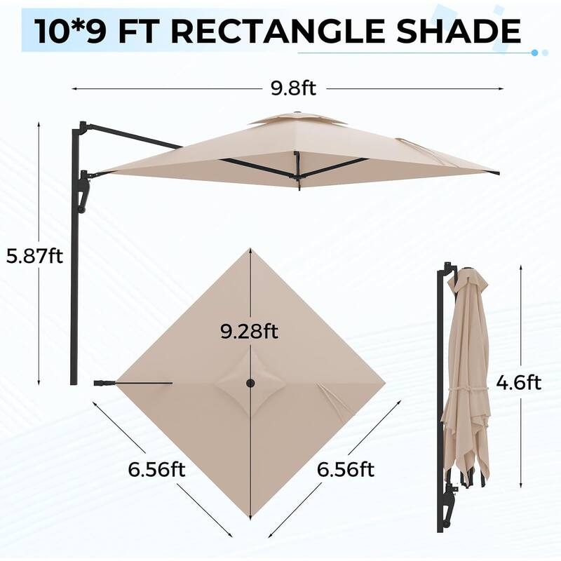 AECOJOY 10 FT. Wall Mount Umbrella Outdoor Patio, Large Patio Rectangular Aluminum Cantilever Umbrellas