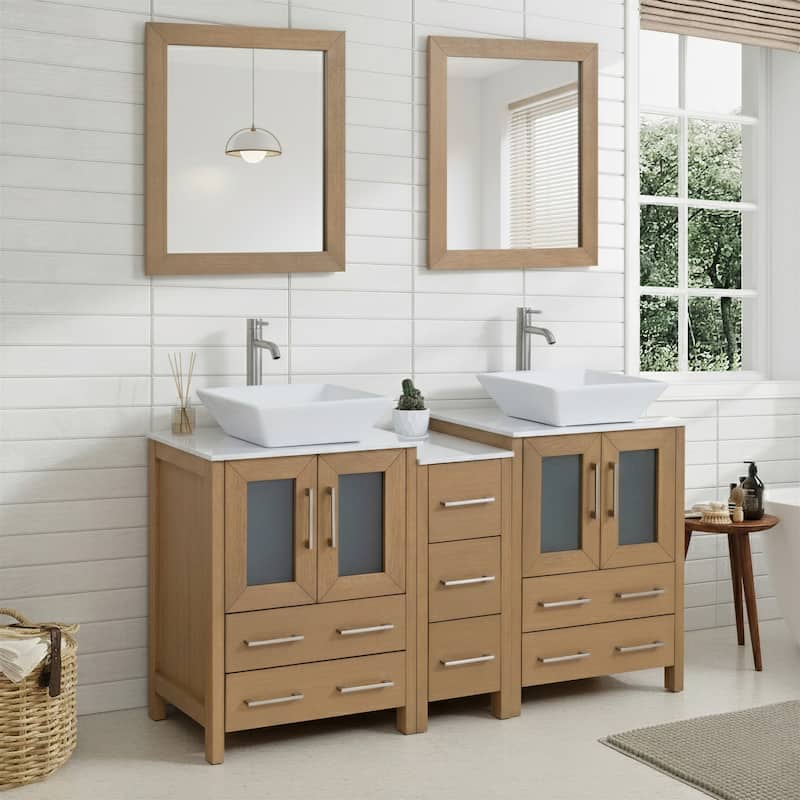 Vanity Art 60" Double Sink Bathroom Vanity Set with Engineered Marble Top and Free Mirror - 60 W X 18.5 D X 31.1 H