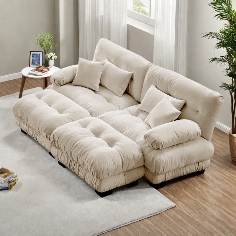 94.4" 2-Seater Chenille Cloud Couch with 4 Pillows and 2 Ottomans(Convertible Sleeper Sofa)
