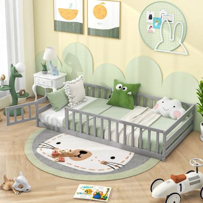 Kids Wood Montessori Bed Twin Floor Bed with Door & Fence