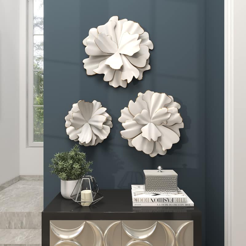 White Metal 3D Floral Home Wall Decor with Gold Edges (Set of 3)