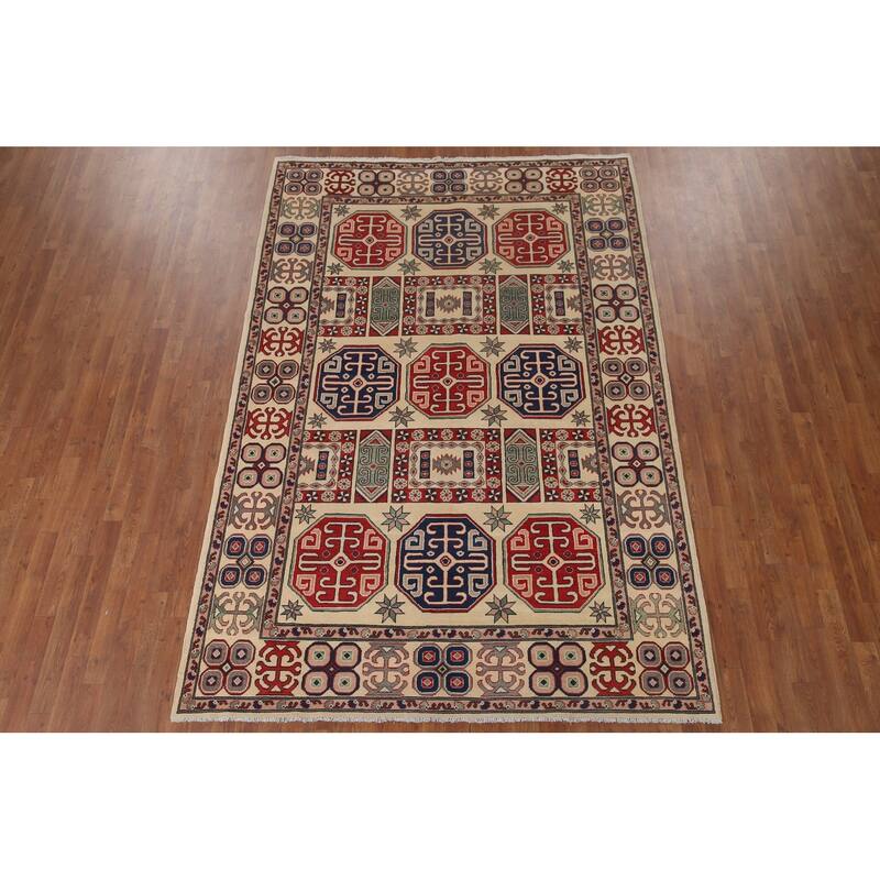 Hand Knotted Oriental 100% Wool Carpet Traditional All-Over Beige & Ivories Kazak Area Rug - 9' 7'' X 6' 6''