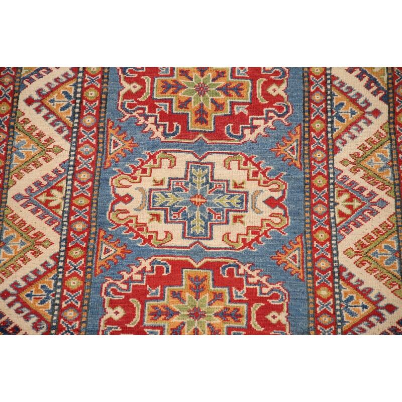 Kazak Oriental Accent Rug Hand-Knotted Blue Geometric Wool Carpet - 3'2"x 4'7"