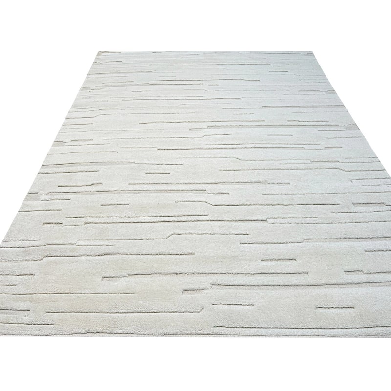 Hand-Knotted Wool Plush Flatweave Loom Rug, 8' x 10', Ivory Area Rug, Elegant Modern Design for Living Spaces - L