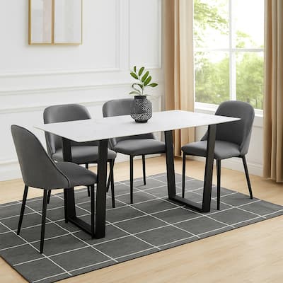 72 Inch Modern Dining Table with Marble Tabletop, Iron Legs, White, Black
