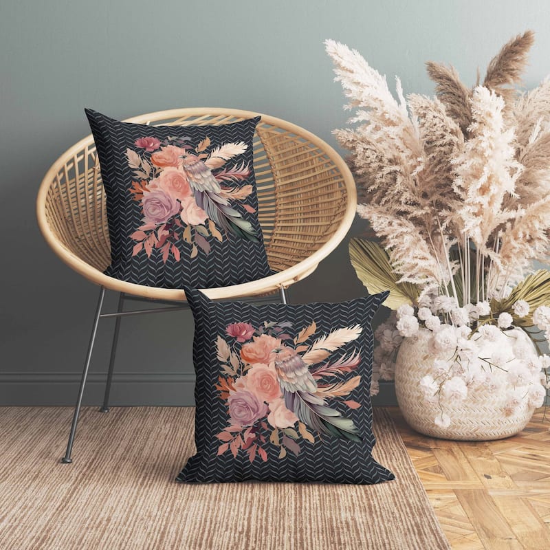 Feathered Bouquet Faux Suede Reversible Throw Pillow Black and Pink