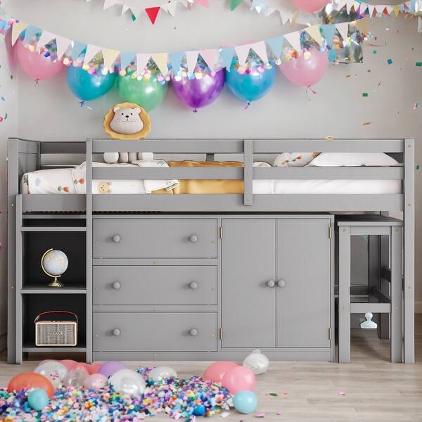 slide 2 of 16, Modern Twin Size Low Loft Bed With Pull-Out Desk,Drawers,Cabinet and Shelves Grey