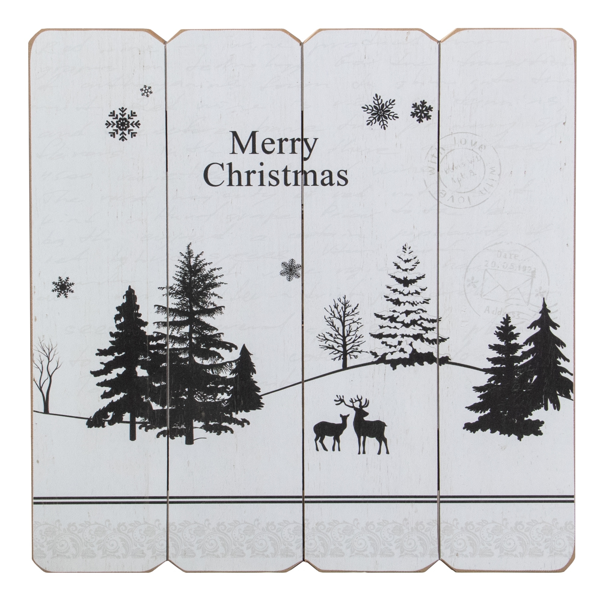 16" White Merry Christmas Post Card Winter Scene Wooden Wall Sign