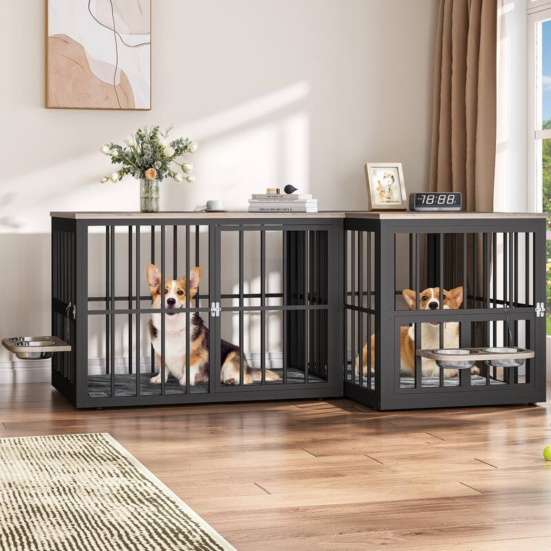 Double Dog Crate Furniture, TV Stand with Removable Divider and Feeding Bowls - 38.8"W 2PCS - Gray