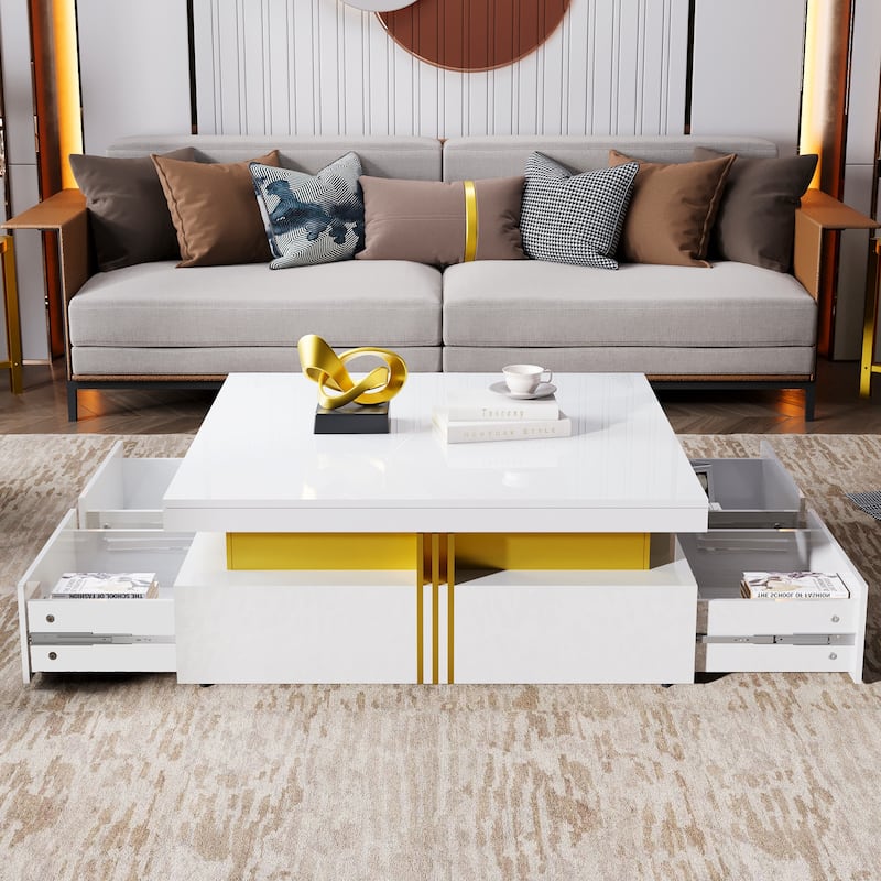 43.3" Modern Square Coffee Table with 4 Hidden Drawers, Glossy Living Room Table with Gold Accents, Space-Saving Storage Table