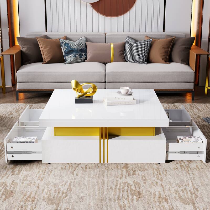 Modern Glossy Square Storage Coffee Table with Drawers
