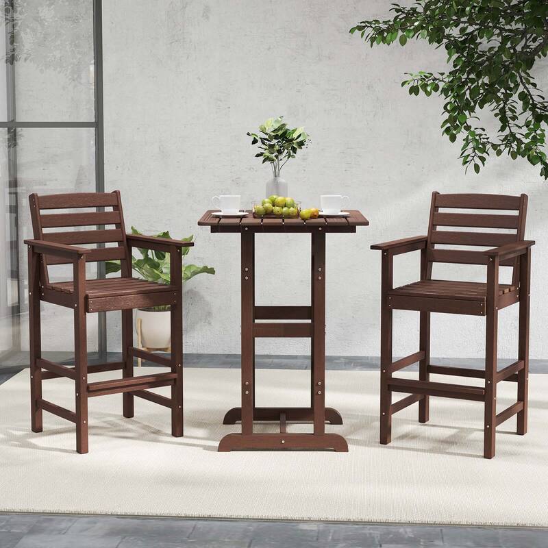 Costway 3-Piece Patio HDPE Bar Set Armchairs with Square High-Top - See Details - Brown