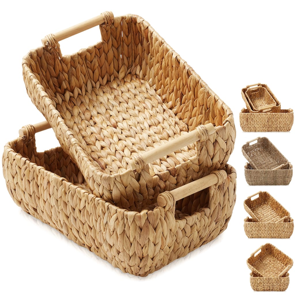 Hyacinth Seagrass Oval Storage Baskets with Wooden Handles Woven Bins