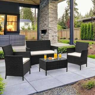 4 Pieces Outdoor Rattan Patio Chat Set with Cushions Deals