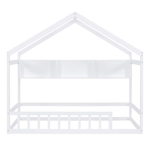 slide 2 of 10, White Pine Wood Playhouse Bed with Roof, Fence & Storage Shelf White - Twin