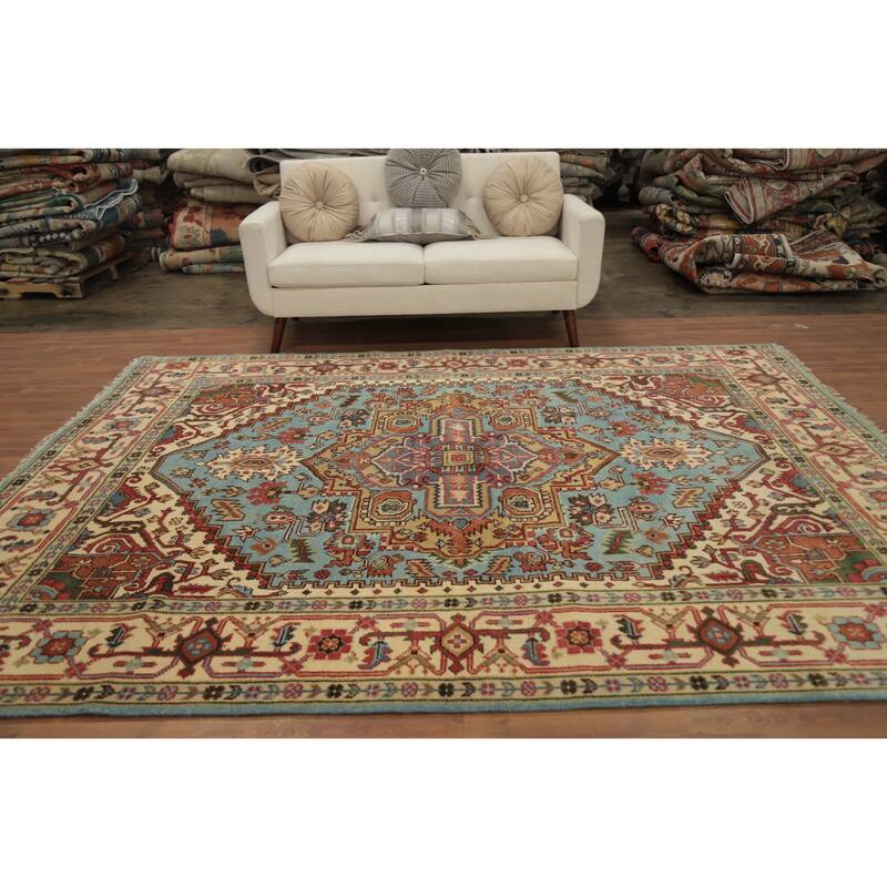 Hand Knotted Oriental 100% Wool Carpet Traditional Medallion Navy Blue & Blues Heriz (serapi) Area Rug - 9' 10'' X 8' 0''