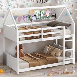 Twin Over Twin House Floor Bunk Bed with Headboards, Footboards and Guardrails, Ladder