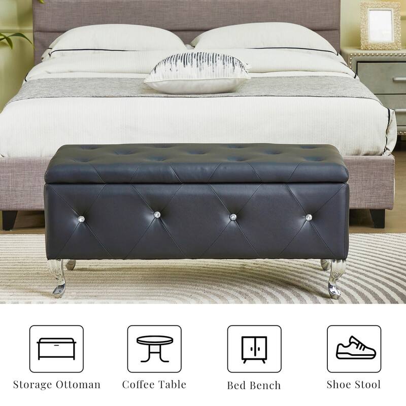 Storage Bench Leisure Stool with Safety Hinged Flap, End of Bed Decorative Bench with Crystal Buttons and Metal Legs