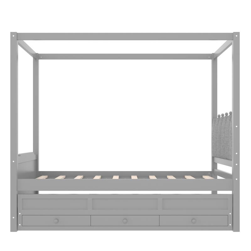 Roomfitters Canopy Bed with Trundle and Drawers, Upholstered Crown Headboard, Solid Wood Frame