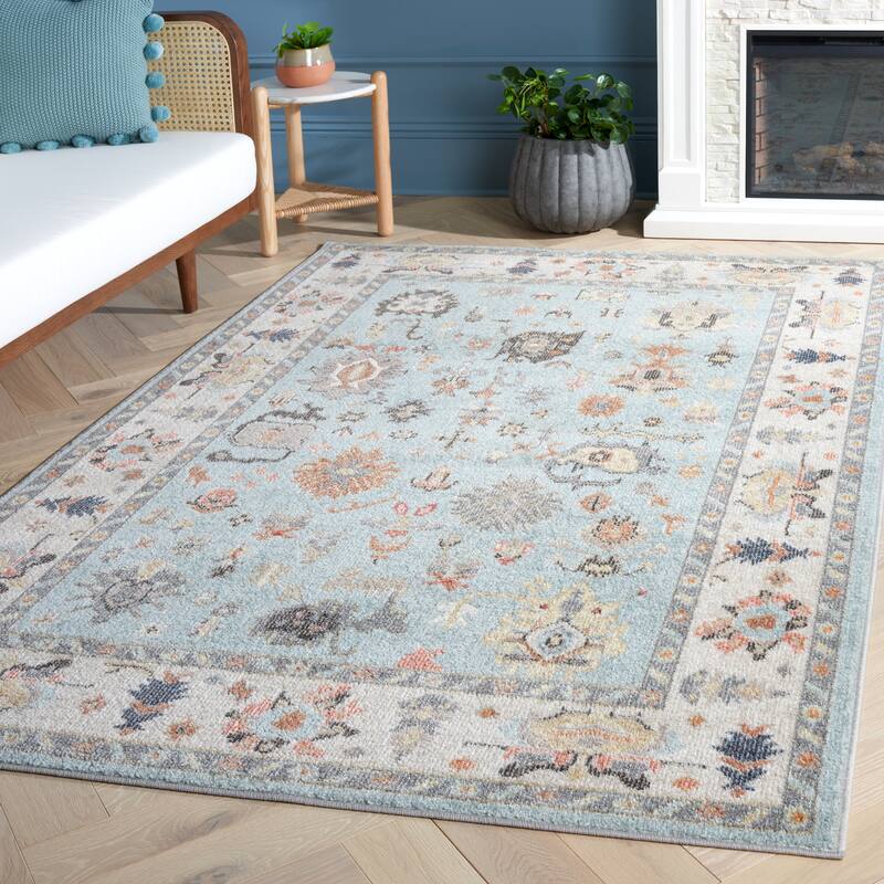 SAFAVIEH Phoenix Delta Boho Oriental Rug - 6'7" Square - Light Blue/Ivory Grey