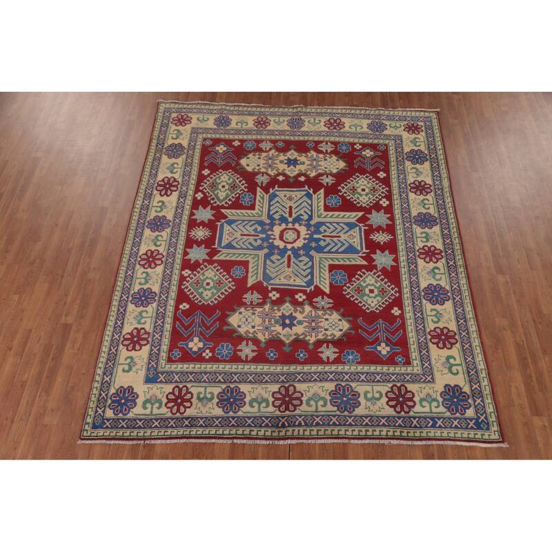Red Geometric Kazak Area Rug Hand-Knotted Wool Carpet - 8'1" x 9'7"
