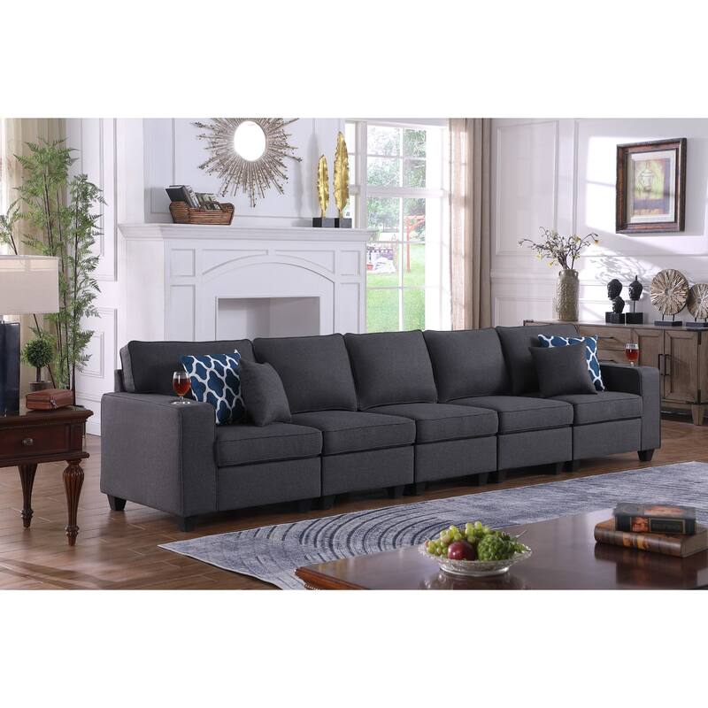 Linen Upholstered 5-Seater Sofa with 2 Cupholder in Dark Gray - Dark Gray/Brown
