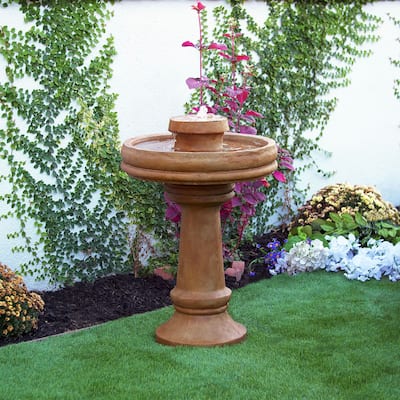 Alpine Corporation TZL202 Outdoor Floor Vintage Pedestal Water Fountain with Bird Bath and LED Lights, 29", Brown