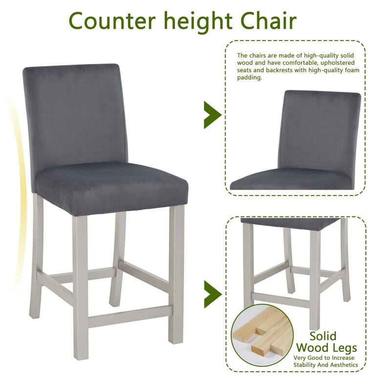 5-Piece, Modern Counter Height Table Set with 1 Square Table, 4 Upholstered Chairs and Crystal Accents, for Dining Rooms