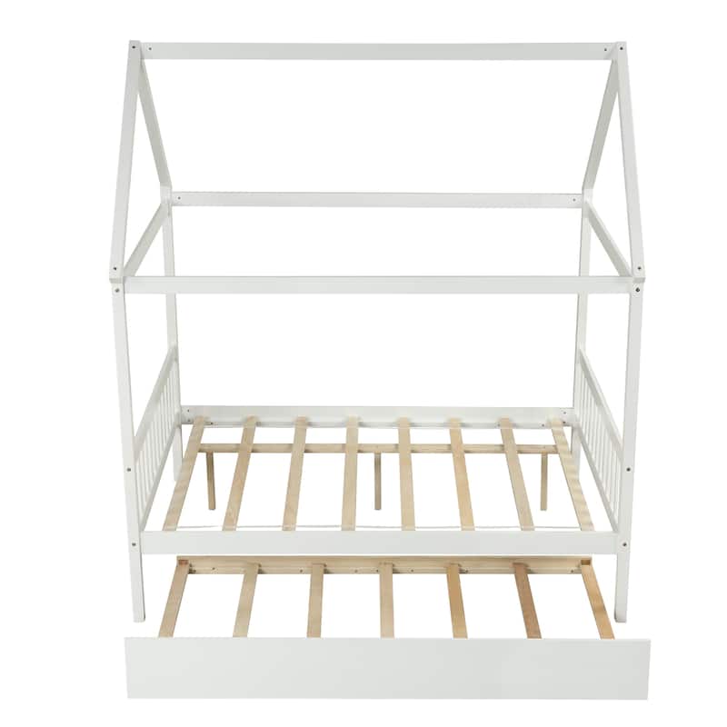 Full Wood House Bed with Trundle & Roof